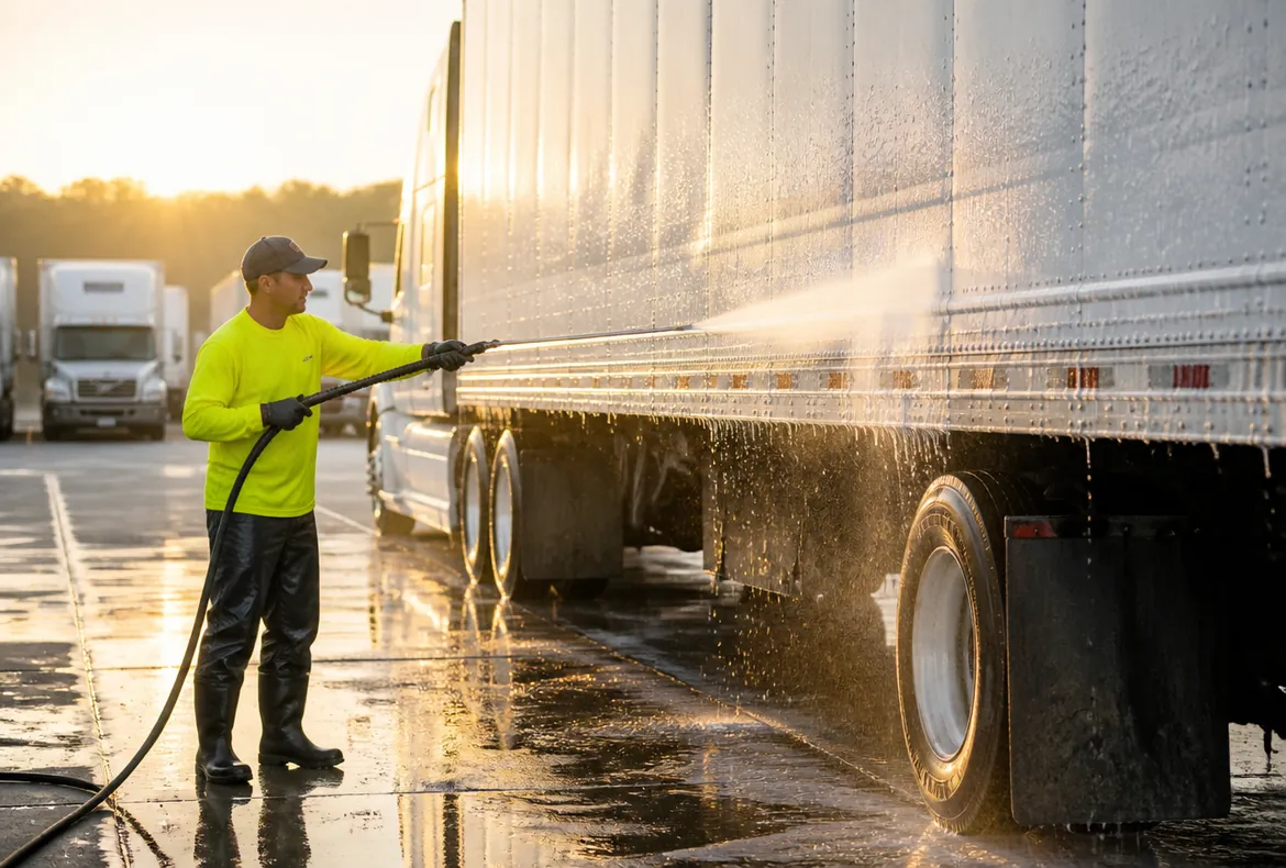 Technician pressure washing a semi trailer in a fleet yard at sunrise