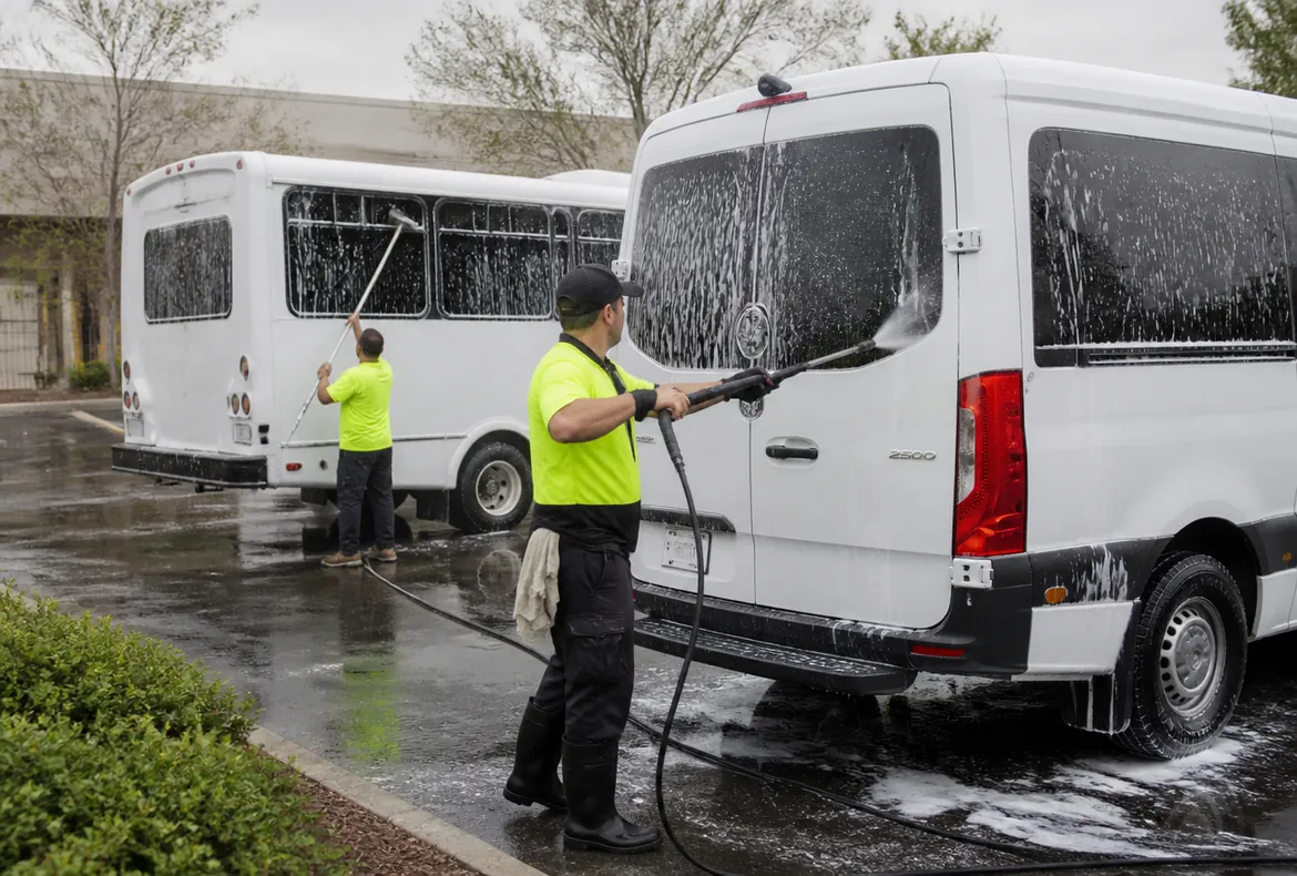Crew soft washing a cargo van and shuttle bus in a commercial lot